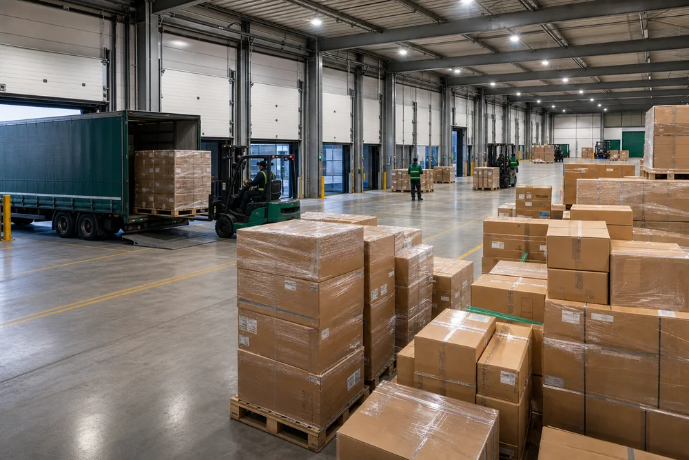 Paletten werden am Ladedock entladen